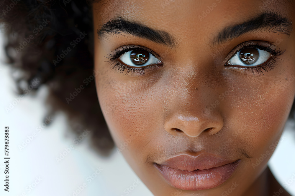 Close up portrait of young beautiful Haitian Dominican woman isolated on a white background Close up portrait of young beautiful Haitian Dominican woman isolated on a white background