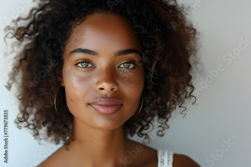 Close up portrait of young beautiful Haitian Dominican woman isolated on a white background