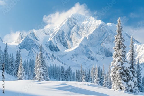 A photo showcasing a majestic snow-covered mountain with a stunning foreground of trees, A snow-covered mountain peak with a couple's initials carved into a tree, AI Generated © Ifti Digital