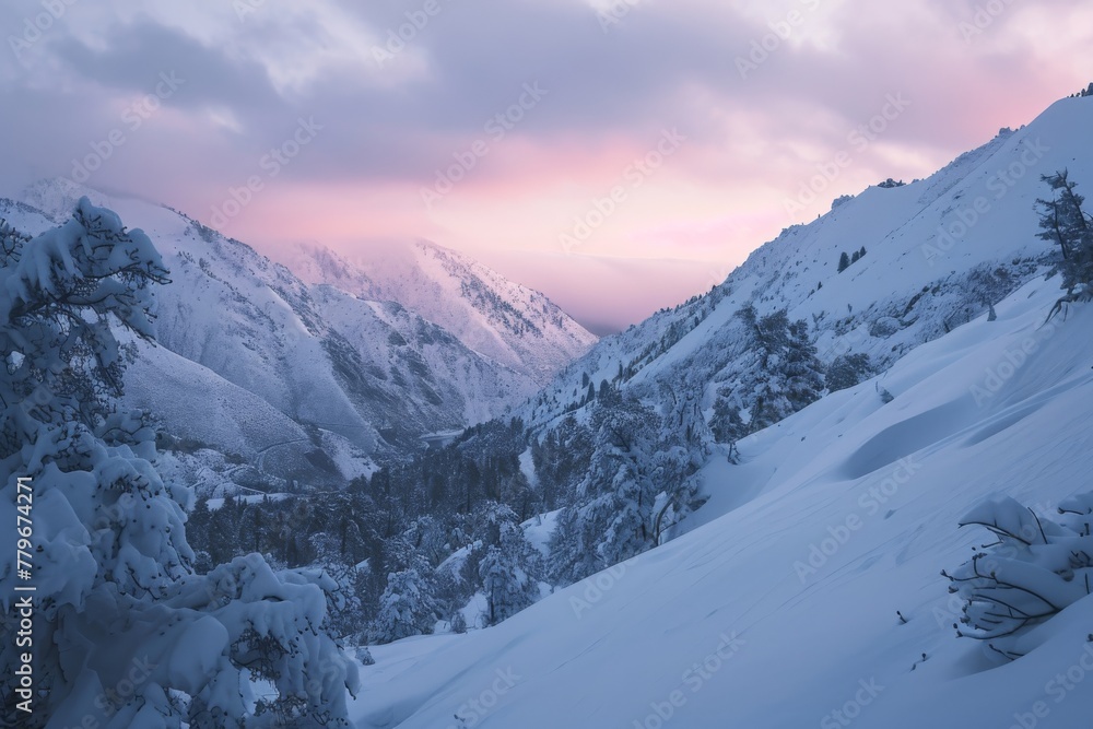 A towering mountain, blanketed in a pristine layer of snow, stands beneath a cloudy sky, A snowy mountainside under the soft light of sunrise, AI Generated