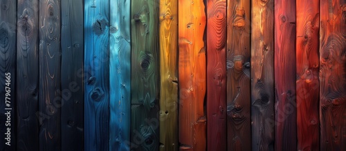 A row of variously colored wooden boards showcasing a fusion of tints and shades including electric blue, magenta, and other vibrant hues, resembling a harmonious art installation photo