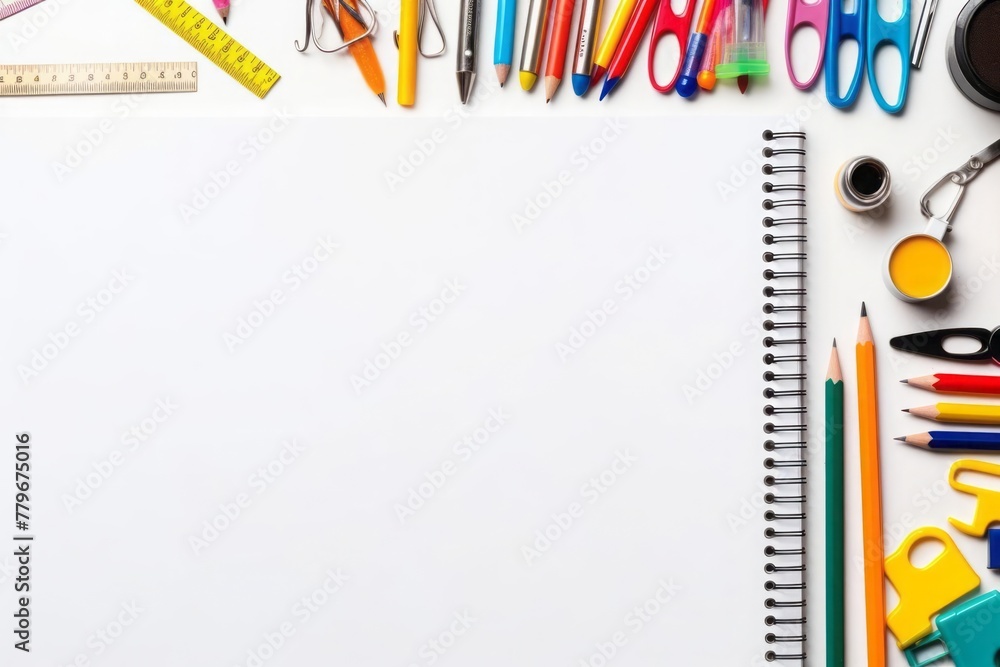 Bright stationery, pencil case, pens, sketchbook, plasticine, stapler, scissors, sharpener, clock on soft blue backdrop. Space for text.