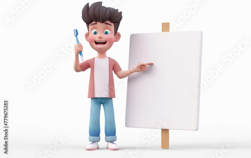 3D cartoon character of a smiling ten-year-old boy holding a toothbrush with his left hand and pointing with his right hand to a white board next  © MUS_GRAPHIC