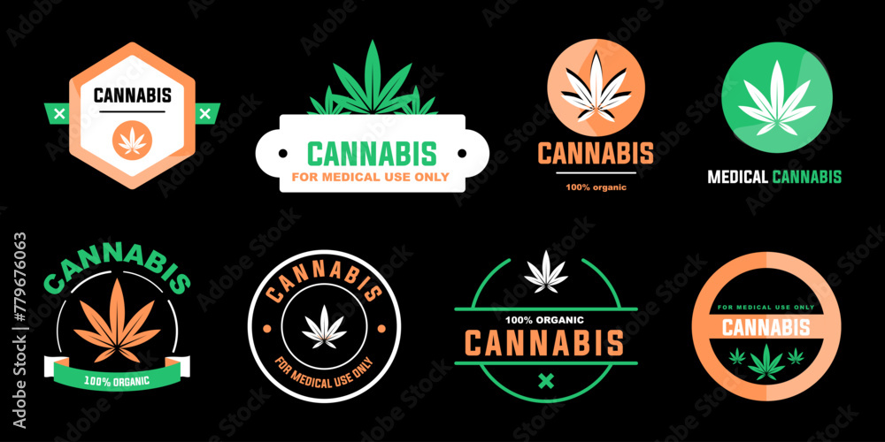 Medical cannabis emblem collection. Set of medical cannabis emblems, label, logo. Abstract vintage cannabis leaf logo