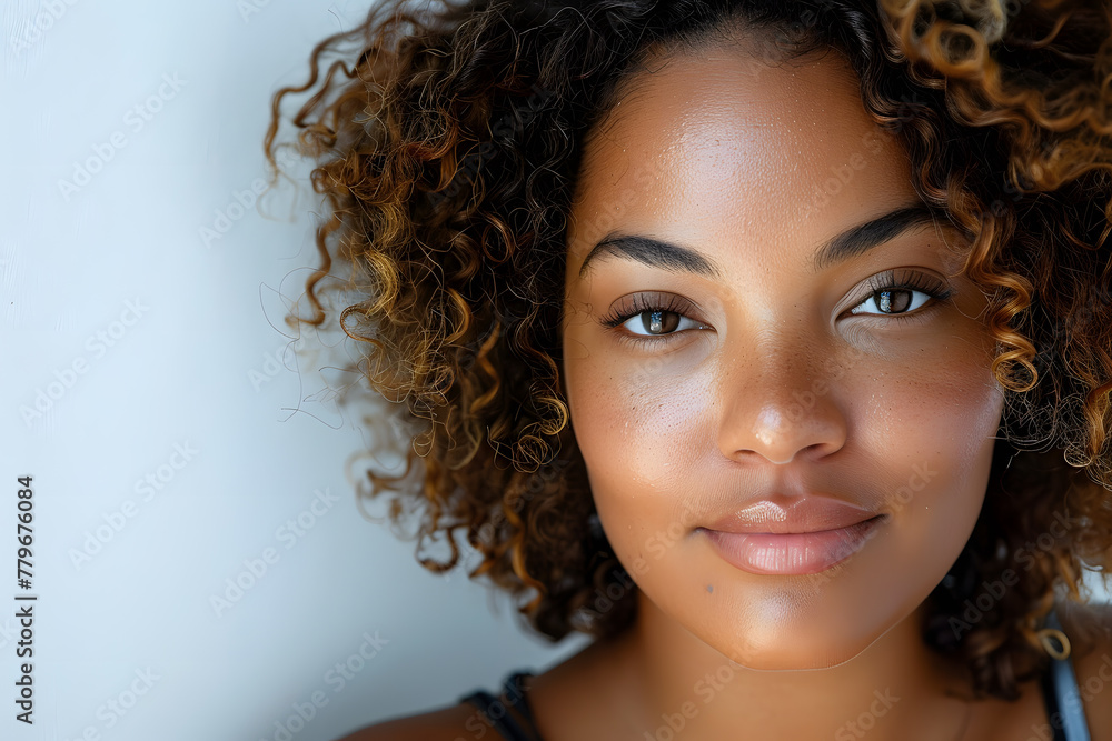Close up portrait of young beautiful Plus size Haitian Dominican woman isolated on a white background Close up portrait of young beautiful Plus size Haitian Dominican woman isolated on a white background
