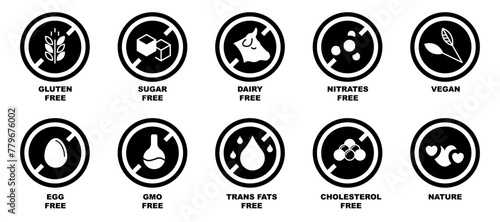Allergen free label collection for food and drinks. Gluten, sugar, dairy, nitrates, egg, gmo, trans fat, cholesterol free symbols. Free allergy ingredient stamp icons in black. Allergen free icons photo