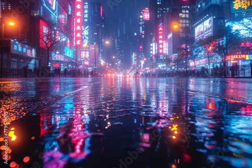 Vibrant city street with neon lights