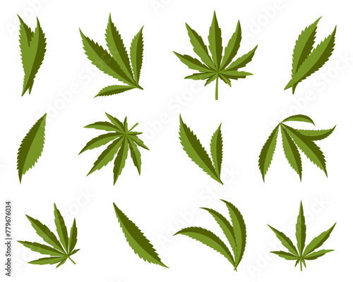 Cannabis leaf collection on a white background. Marijuana hemp leafs. Medical marijuana plant icons. Set of cannabis leaf icons