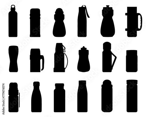 Black thermos bottle silhouette collection. Thermos  bottle  thermal vessel. Set of thermoses for tea and hot liquids. Large and small thermoses silhouette