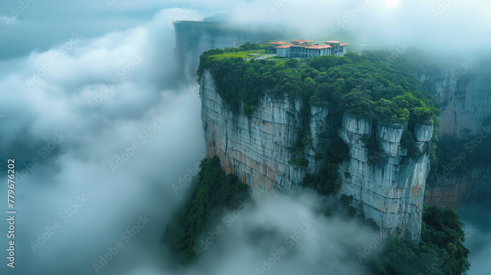 Fototapeta premium Aerial view of beautiful mountain peaks in fog, panoramic view of canyons.