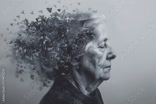 A grandmother suffering from Alzheimer's disease, experiencing confusion and memory loss during Alzheimer's and Brain Awareness Month in June. photo