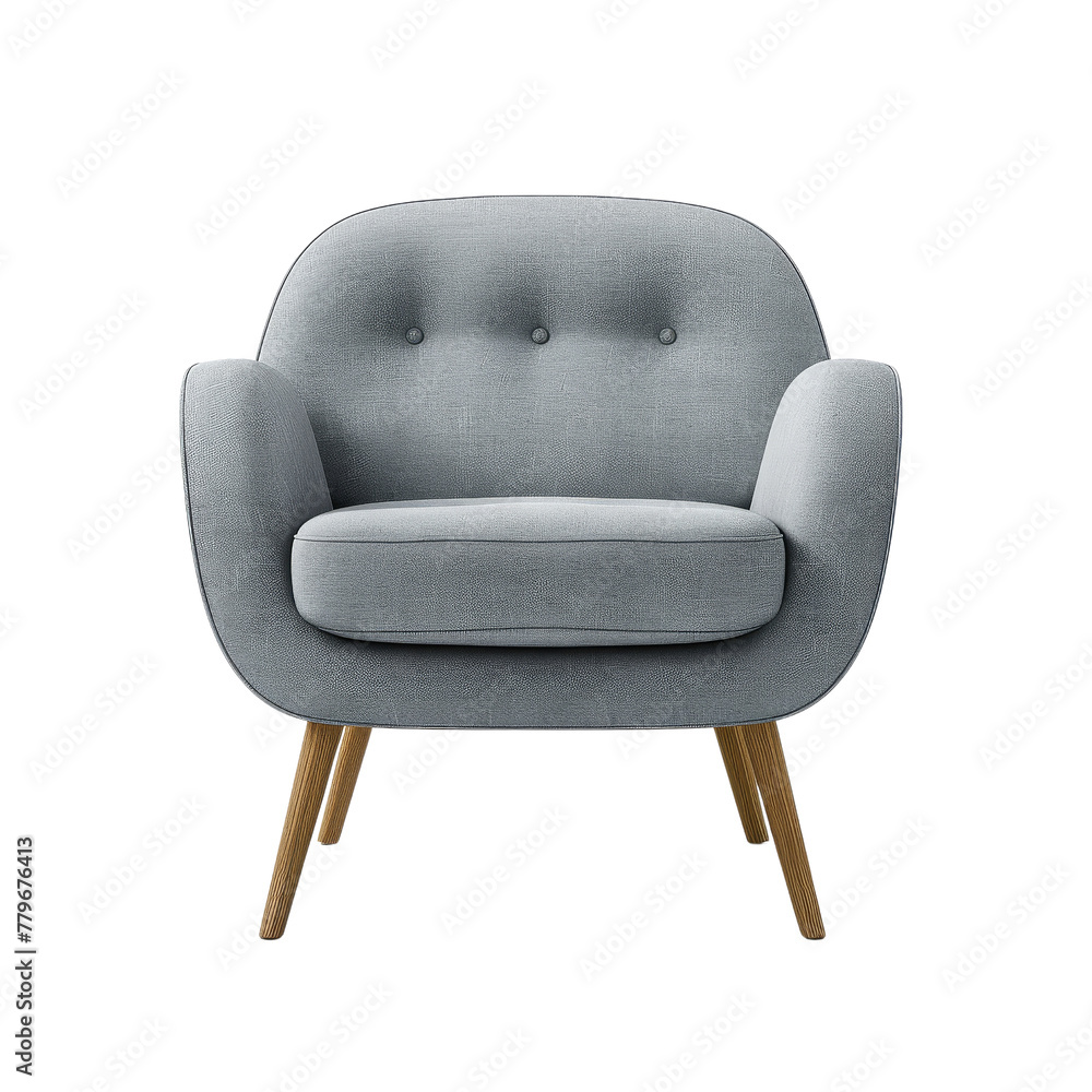 Naklejka premium Modern Gray Fabric Armchair with Wooden Legs, Illustrating Contemporary Home Decor and Comfort.