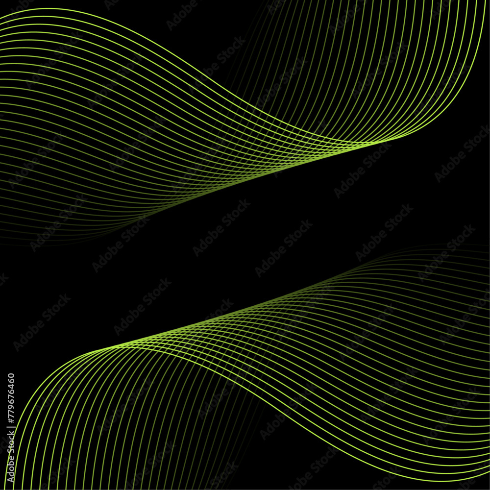 Abstract background with waves. Vector banner with lines. Background for music album, poster, card, advertisement. Geometric element for design isolated on black. Green and black gradient. Night, dark Abstract background with waves. Vector banner with lines. Background for music album, poster, card, advertisement. Geometric element for design isolated on black. Green and black gradient. Night, dark