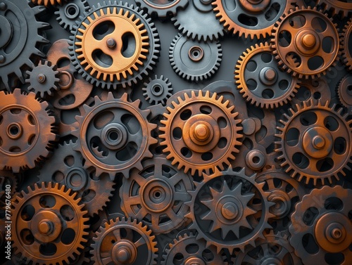 A close up of many gears with a vintage look. The gears are all different sizes and colors, but they all have a similar design. The image has a nostalgic and industrial feel to it