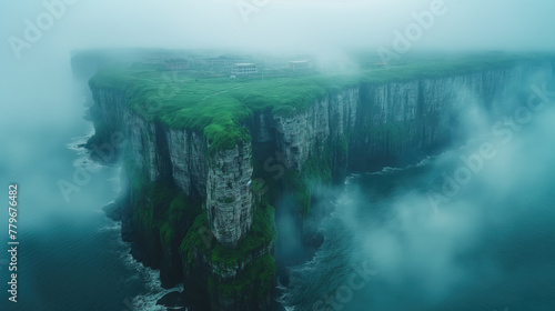 Aerial view of beautiful mountain peaks in fog, panoramic view of canyons.