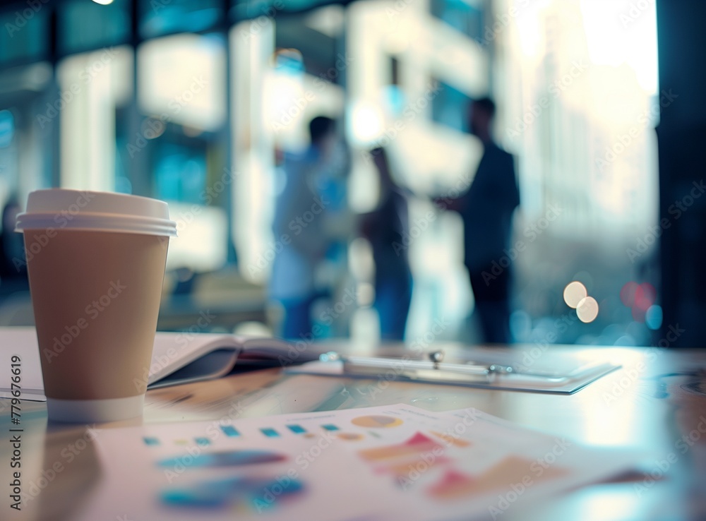 Close up of an office desk with papers, a laptop and a coffee cup on it. In the background, business people are having a blurred conversation in an out-of-focus style. Bokeh. Close up of an office desk with papers, a laptop and a coffee cup on it. In the background, business people are having a blurred conversation in an out-of-focus style. Bokeh.