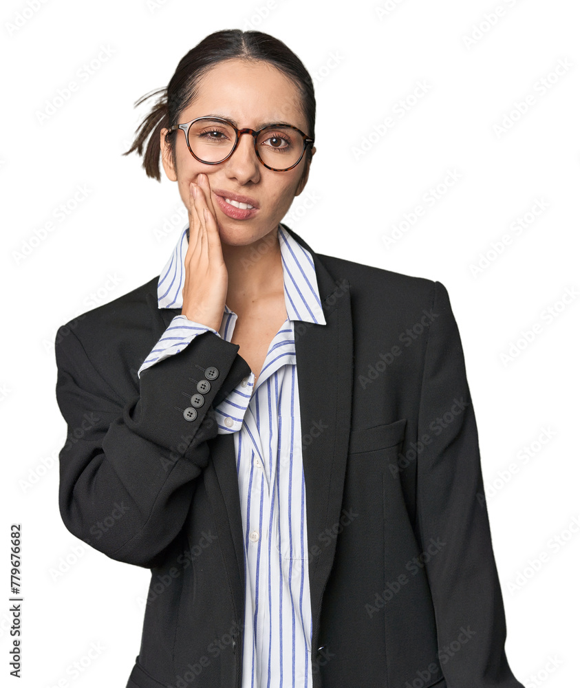 Confident young Caucasian businesswoman on studio background having a strong teeth pain, molar ache. Confident young Caucasian businesswoman on studio background having a strong teeth pain, molar ache.