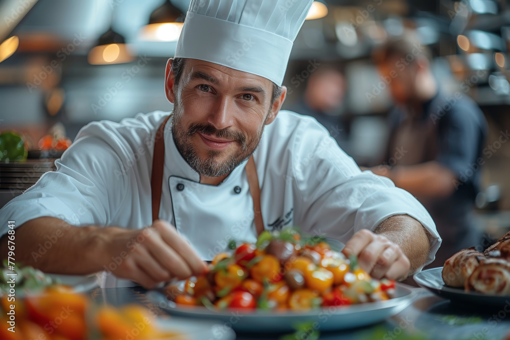 Chef in chefs hat preparing plate of food Chef in chefs hat preparing plate of food