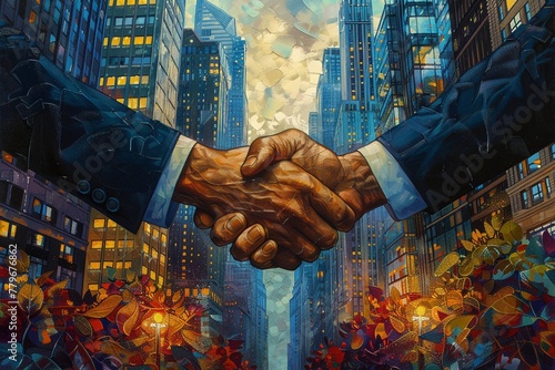 Panoramic double exposure: A series of handshakes between multicultural business professionals, clad in formal attire, signifying trust and partnership, cityscape backdrop