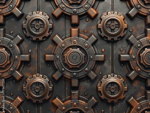 The image is a close up of a metal surface with many gears and bolts. Scene is industrial and mechanical, with a sense of wear and tear from the rust and age of the gears