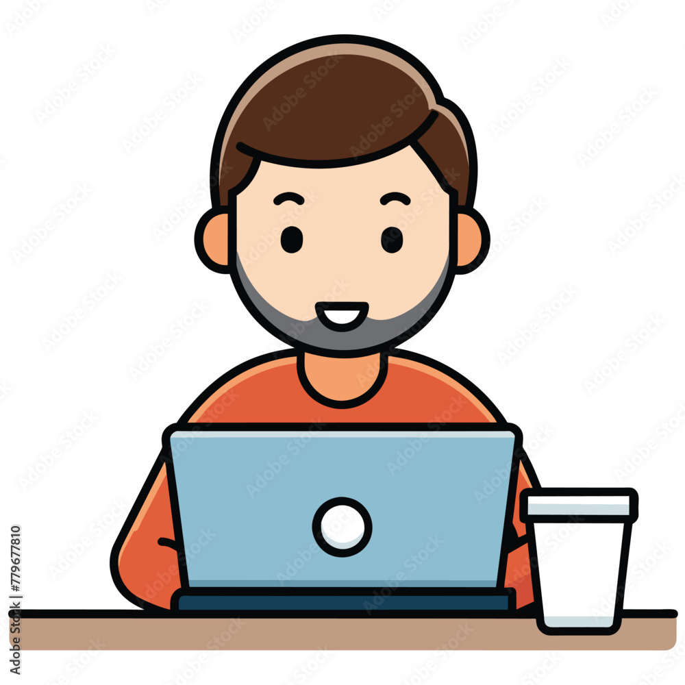 cute man working on laptop with coffee Vector cute man working on laptop with coffee Vector