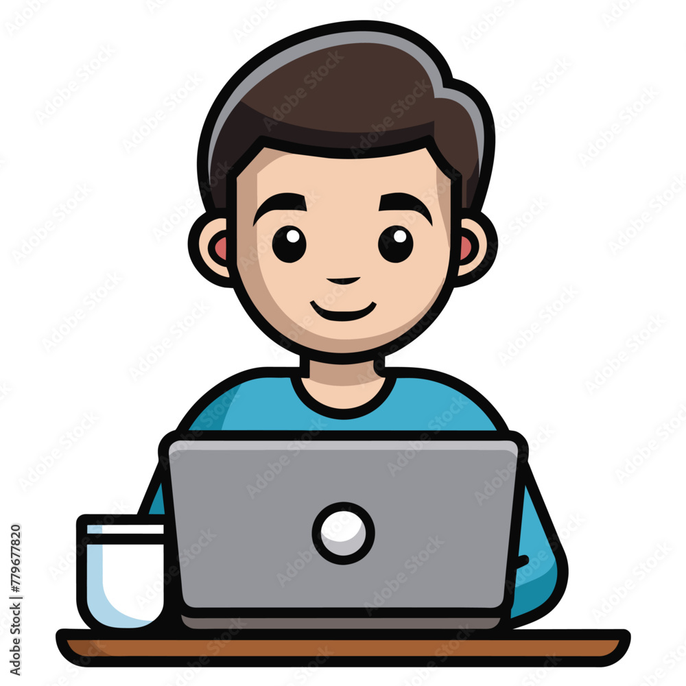 cute man working on laptop with coffee Vector cute man working on laptop with coffee Vector