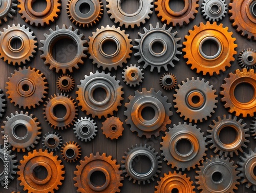 A collection of rusted gears on a wooden surface. Concept of nostalgia and decay, as the gears have been left to rust and age over time. Scene is one of melancholy