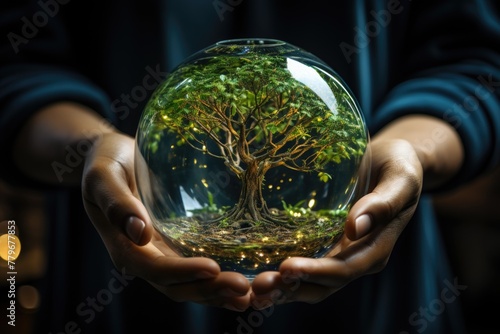 Hands holdings plant tree in glass or globe