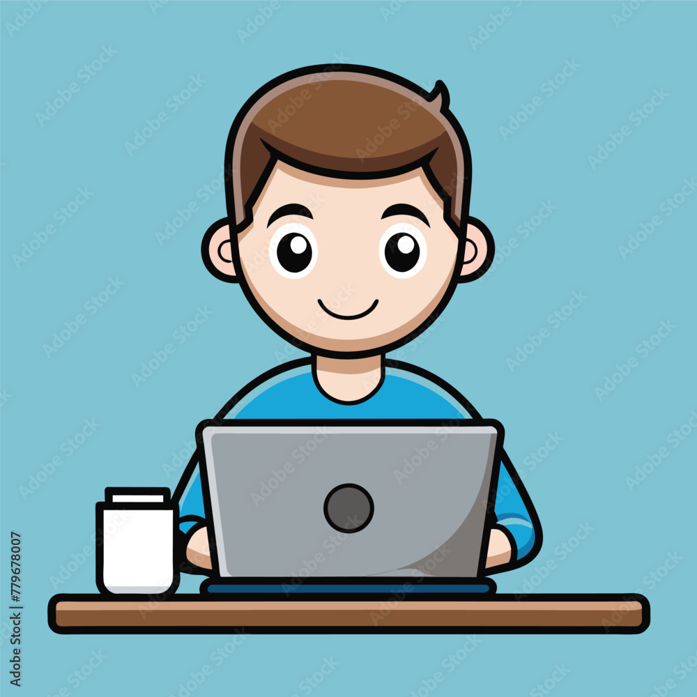 cute man working on laptop with coffee Vector cute man working on laptop with coffee Vector
