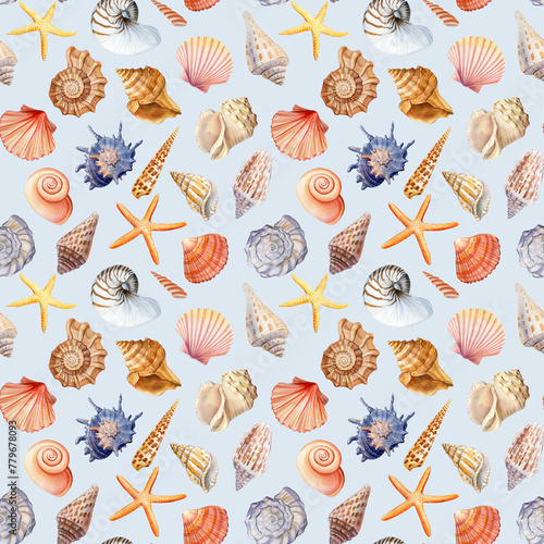 Seamless pattern with seashells, coral and starfish. Marine background. Watercolor illustration for wrapping , textile