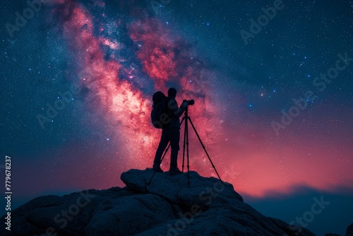 Man standing on mountain under starry night sky