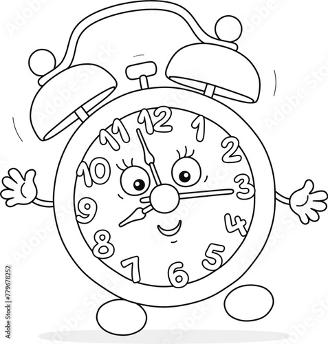 Funny alarm clock character waking little children up from sleep, friendly smiling, merrily ringing and waving in greeting in the morning, black and white vector cartoon illustration