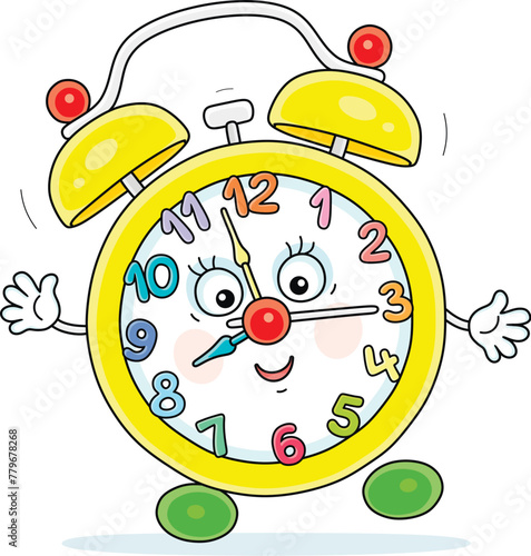 Funny colorful alarm clock character waking little children up from sleep, friendly smiling, merrily ringing and waving in greeting in the morning, vector cartoon illustration on a white background