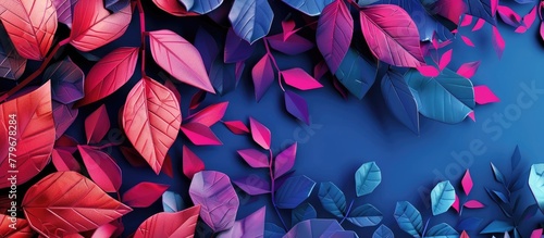 A variety of vibrant leaves, including purple, violet, pink, and magenta, sprawled across an electric blue background, creating a stunning display of tints and shades