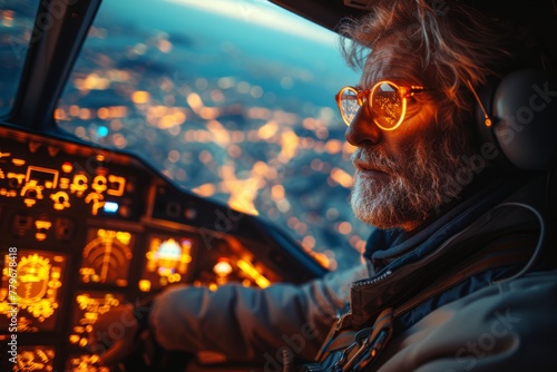 Pilot seated in nighttime plane cockpit photo