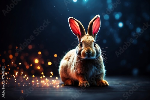 Cute fluffy bunny sitting on dark background with bokeh lights