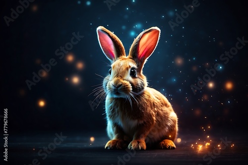 Cute fluffy bunny sitting on dark background with bokeh lights © ASGraphicsB24