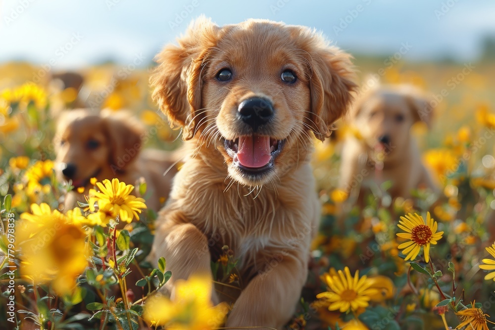 Playful puppies running through yellow flower field