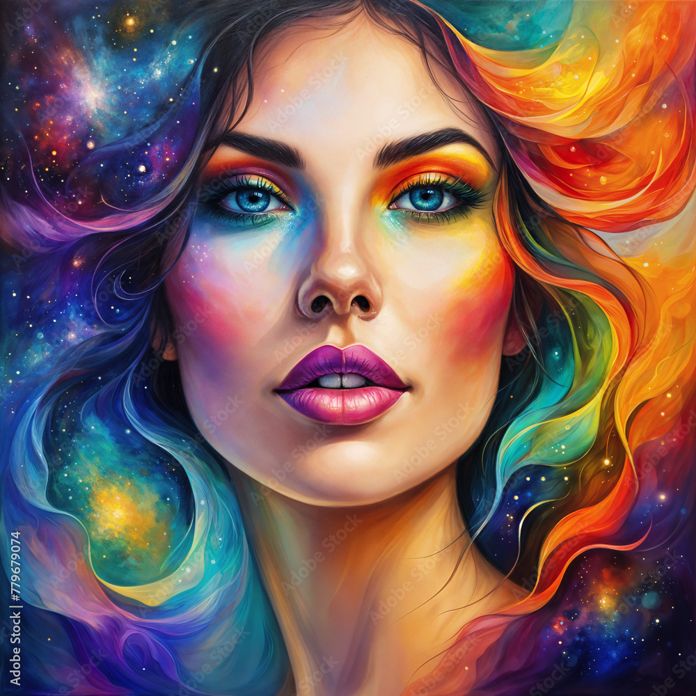 Woman with colorful makeup and hair.