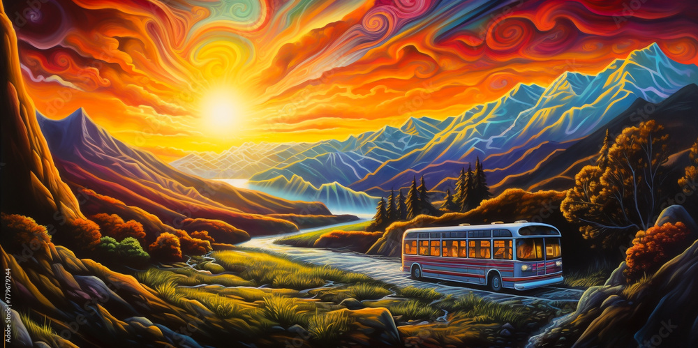 Drawing of a bus passing through a meadow rivers and mountains