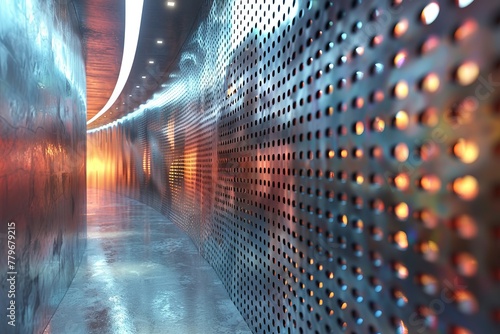 This image features a digitized futuristic corridor illuminated by red lights, with a metallic, perforated wall photo