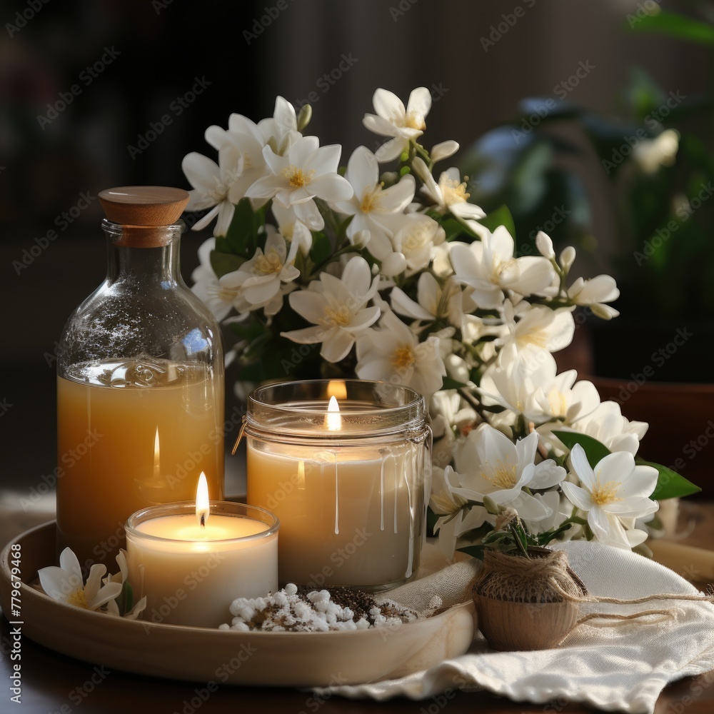 Jasmine oil candles and towels flowers