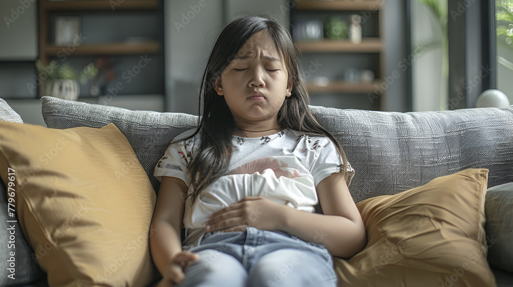 Photograph of young girl in a modern livingroom sofa having a stomach ache. touching stomach with hands Photograph of young girl in a modern livingroom sofa having a stomach ache. touching stomach with hands