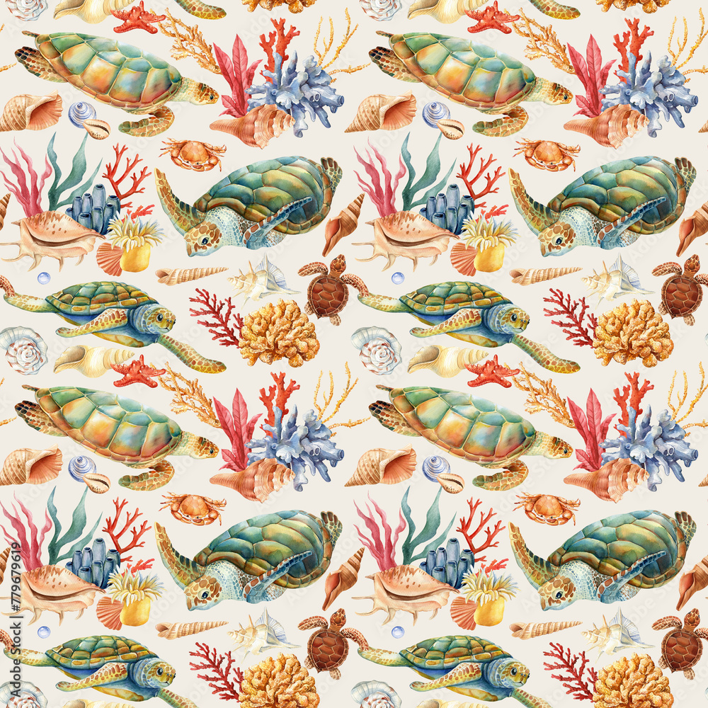 Reef, Cute seamless pattern turtles, shell, coral. Marine background. Watercolor illustration design wrapping, textile Reef, Cute seamless pattern turtles, shell, coral. Marine background. Watercolor illustration design wrapping, textile