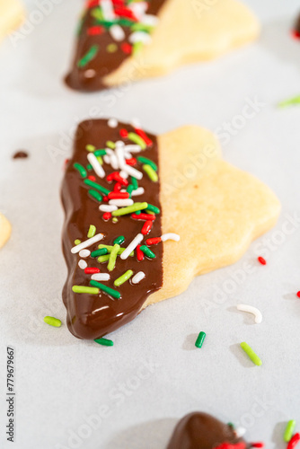 Holiday Cookie Creation with Chocolate Dip and Multicolor Sprinkles