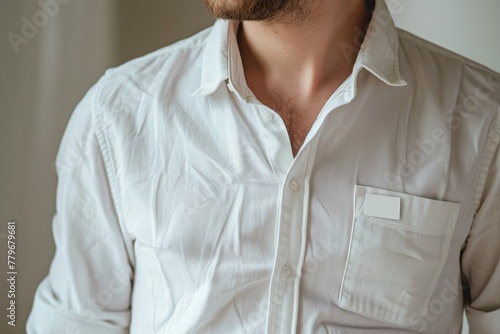White blank badge on man s chest photo
