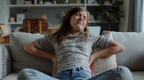 Photograph of young girl in a modern livingroom sofa having severe back pain. Touching back with hands.