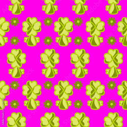 Seamless Green Clover Pattern on Vibrant Pink Background