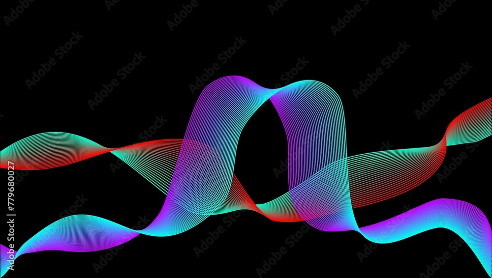 The illustration shows a flowing abstract ribbon shape on a black background. It involves a series of waves or curves that create a feeling of movement.  - obrazy, fototapety, plakaty 