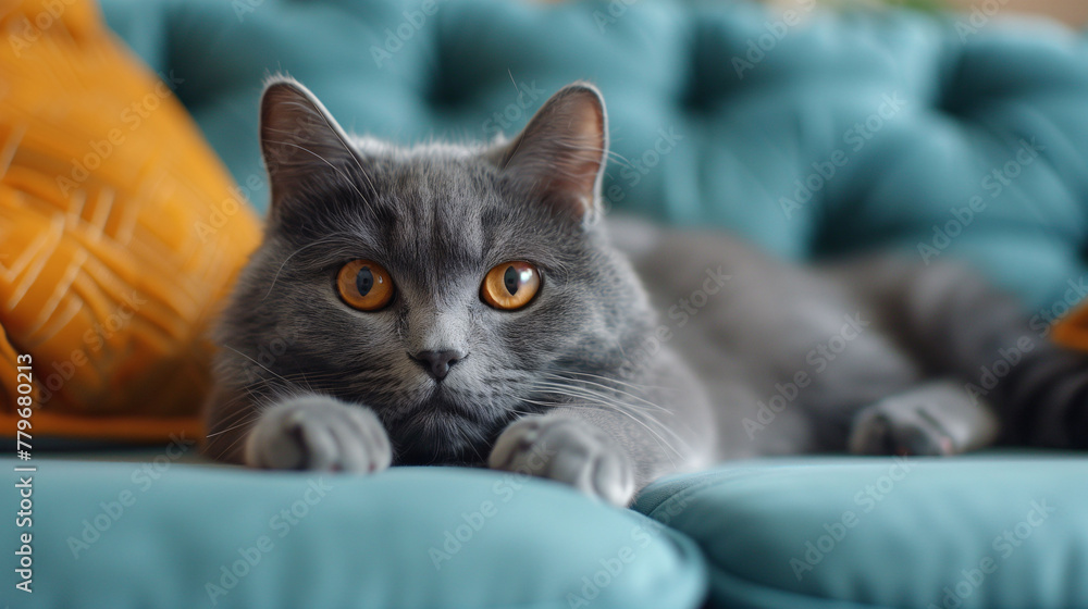 Close-up of a gray cat with striking orange eyes, lounging on a teal sofa with yellow cushions, displaying a relaxed and curious expression. Close-up of a gray cat with striking orange eyes, lounging on a teal sofa with yellow cushions, displaying a relaxed and curious expression.